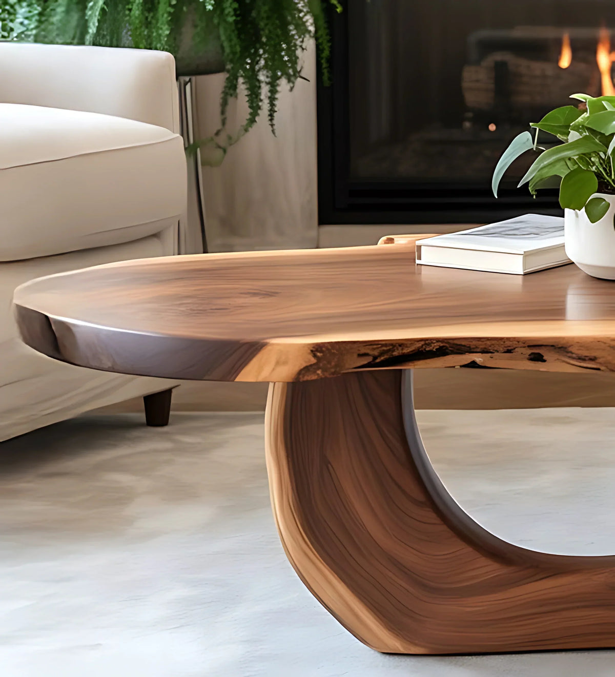 Live edge solid wood coffee table in modern living room, with plant and book on top