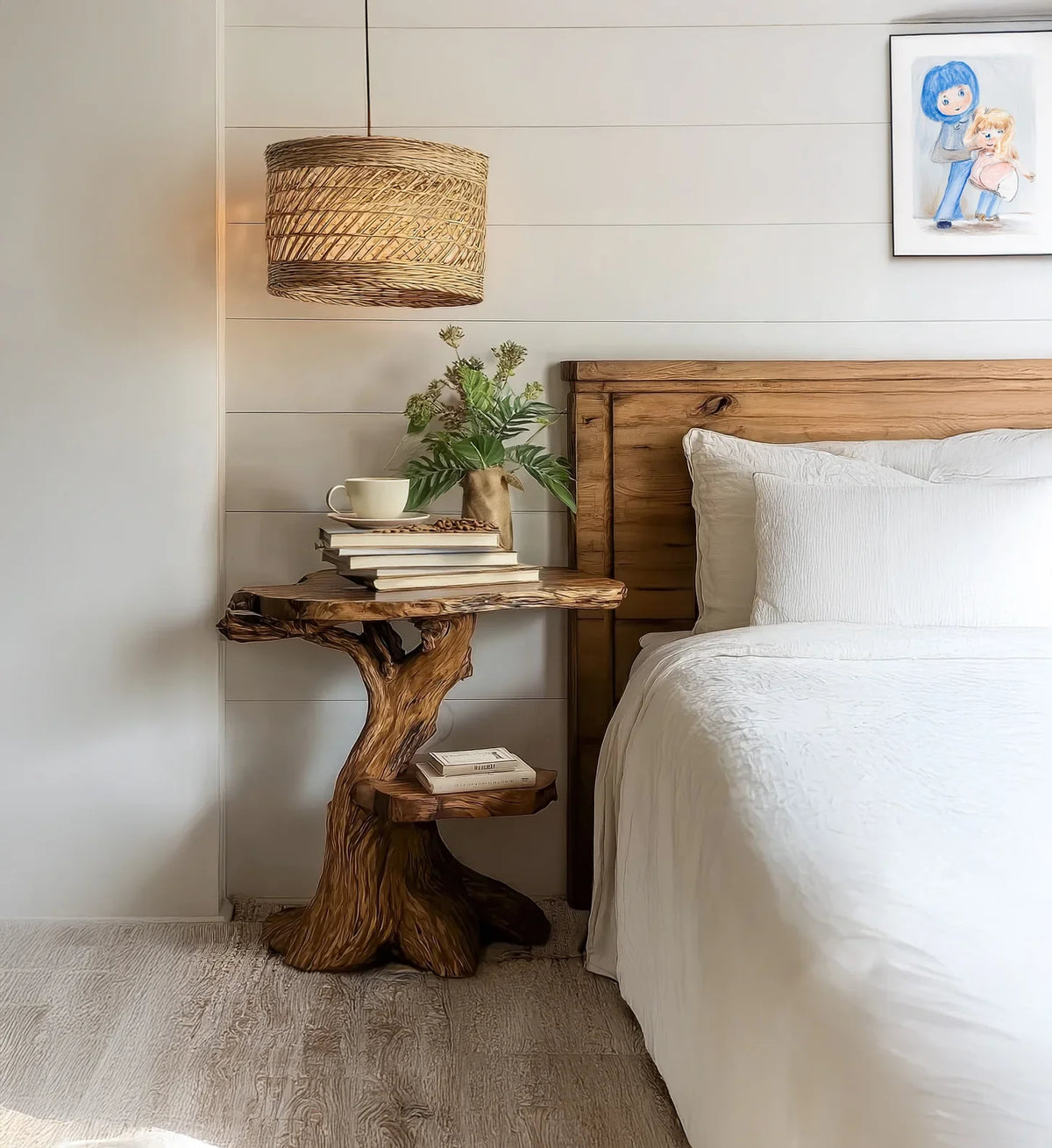 Live edge wooden bedside table with books and a plant in a cozy bedroom setting