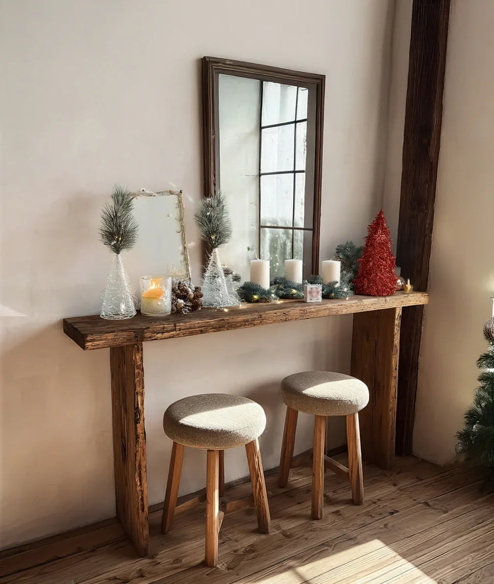Solid wood console table with two stools, holiday decor, candles, and a mirror in a cozy room.