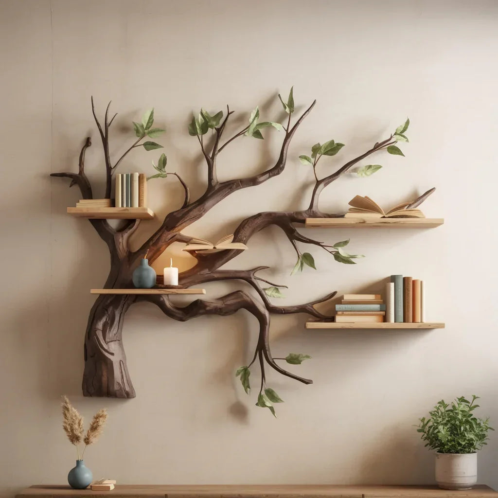 Tree-shaped bookshelf with floating wooden shelves, books, vases, and candles on a wall.