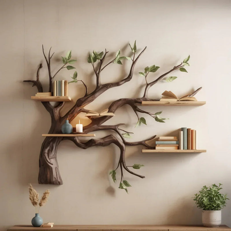 Tree-shaped bookshelf with floating wooden shelves, books, vases, and candles on a wall.