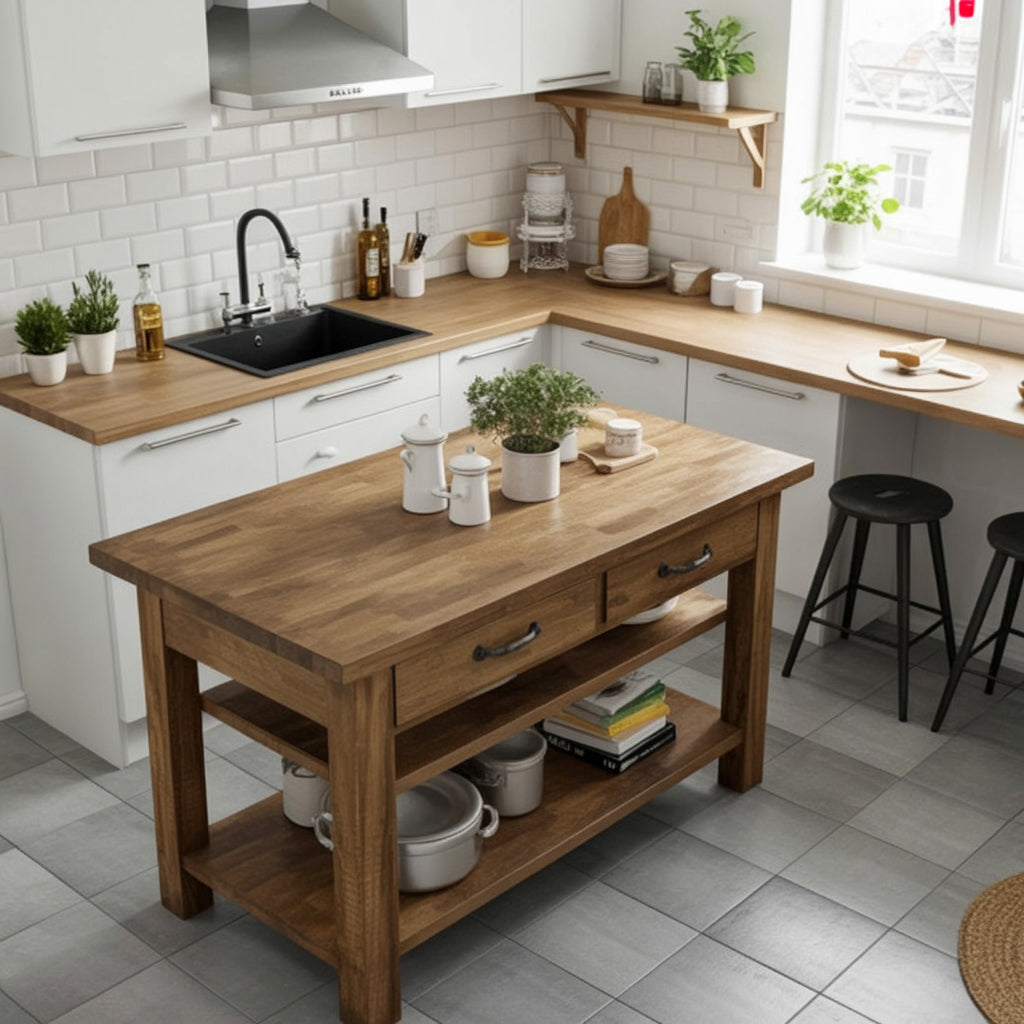 Modern kitchen with solid wood island, live edge countertop, and minimalist decor