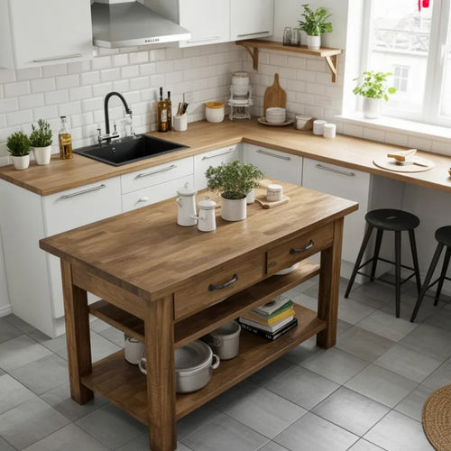 Handmade Reclaimed Chestnut Kitchen Island with Drawer & Double Shelf