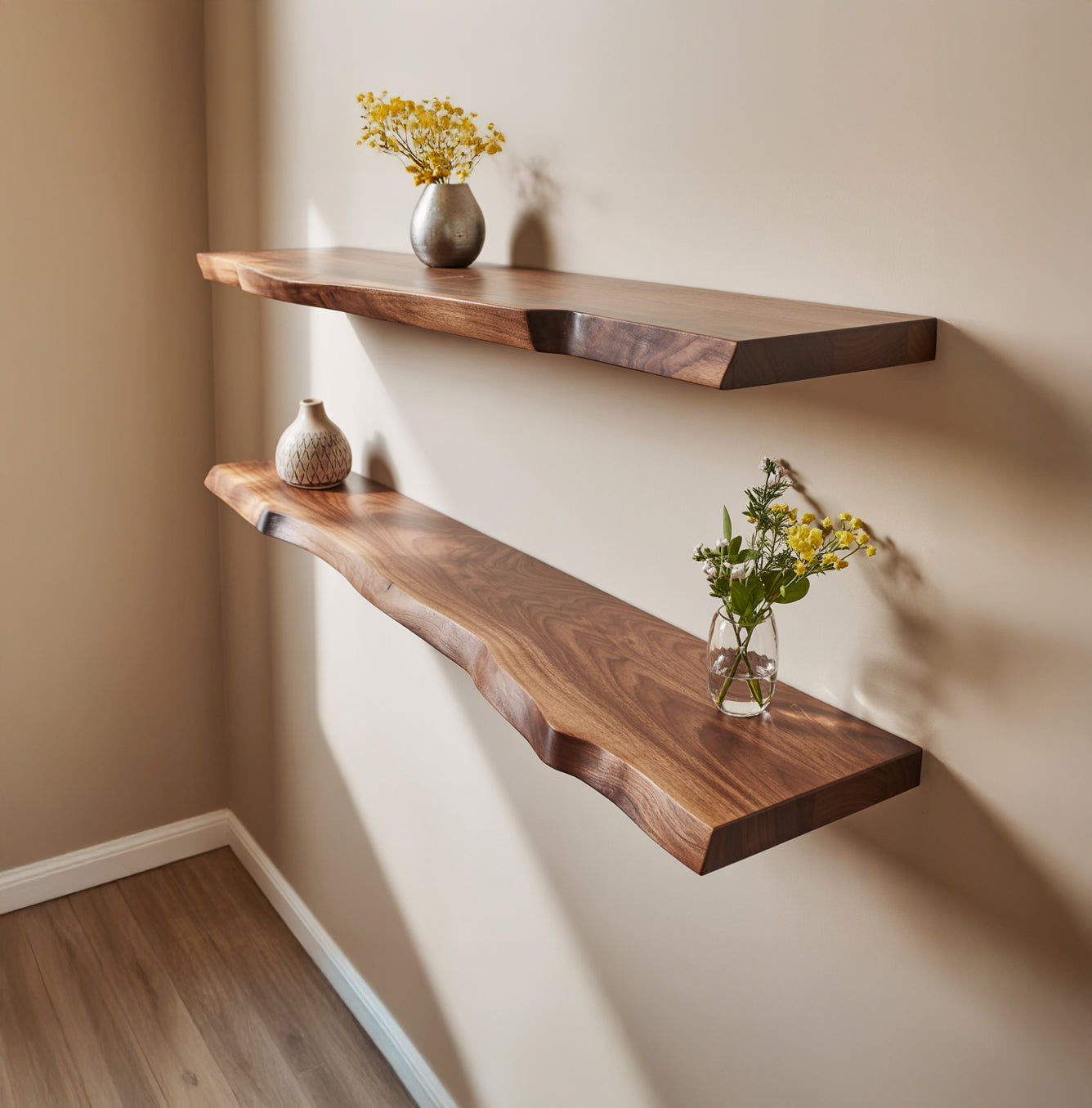 Live edge solid wood floating shelves with vases and flowers on beige wall
