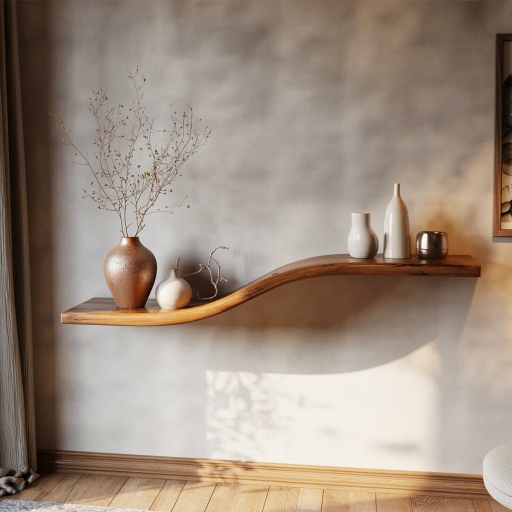 Live edge floating wood shelf with ceramic vases and minimalist home decor against a wall.
