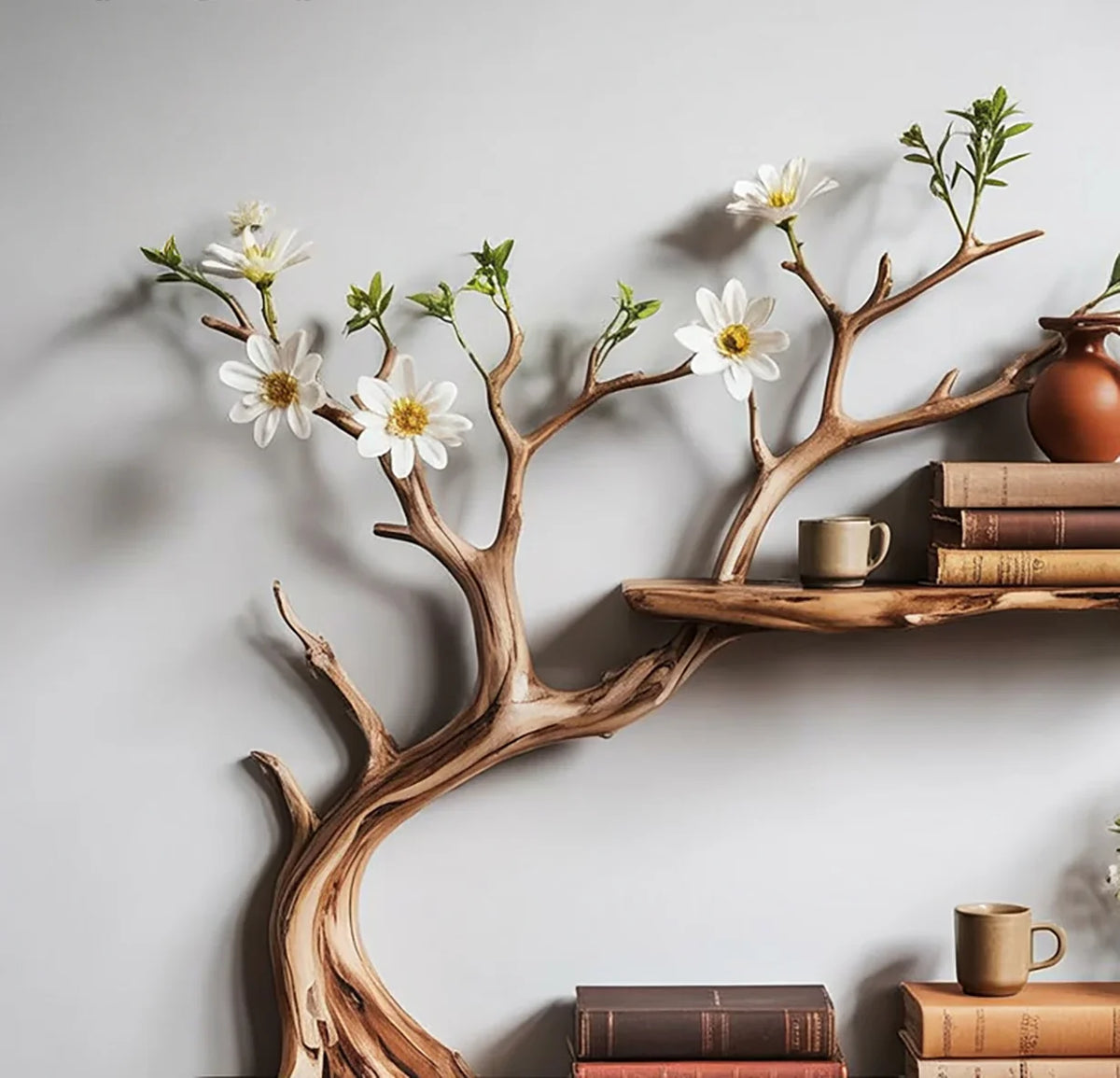 Tree bookshelf with live edge wooden shelves, white flowers, books, mugs, and a vase on a light wall.