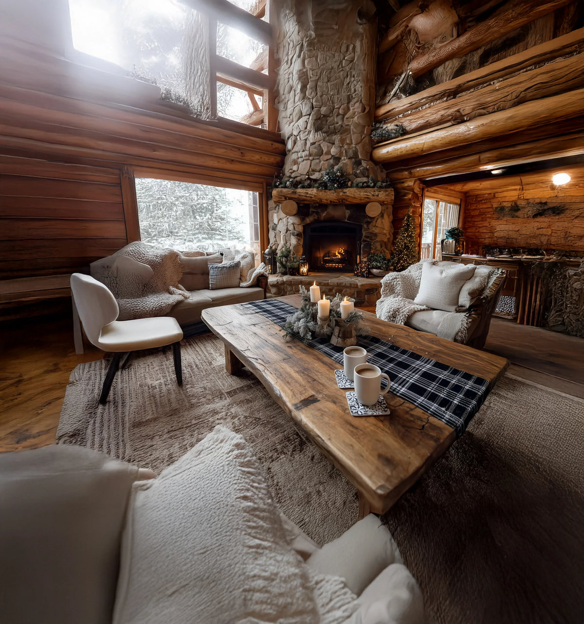 Cozy rustic log cabin living room with stone fireplace, wooden table, cushioned chairs, and snowy window
