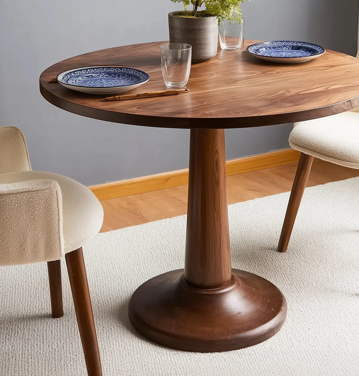 Round solid wood pedestal dining table with blue plates, glasses, and modern chairs