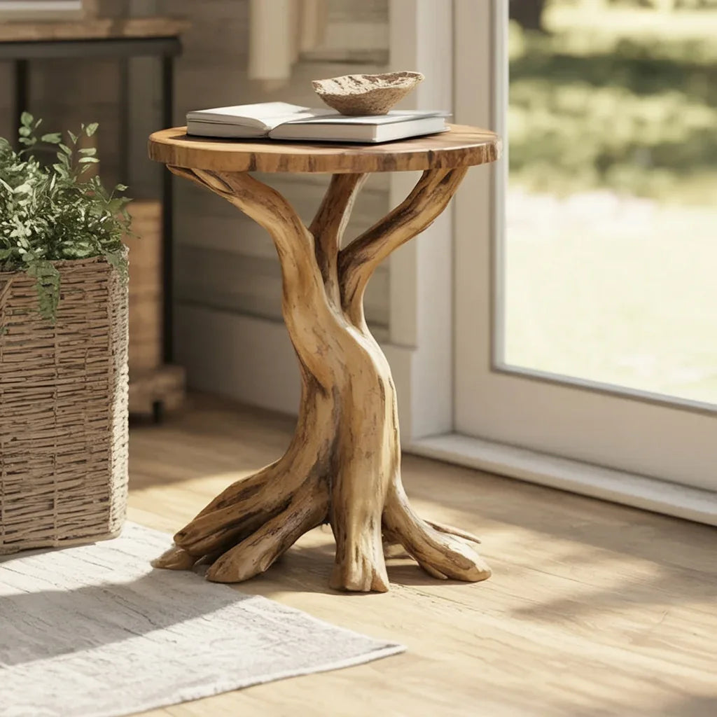 Live edge solid wood side table with natural tree trunk base in a sunlit room