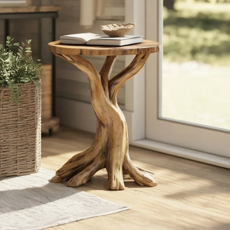 Live edge solid wood side table with natural tree trunk base in a sunlit room