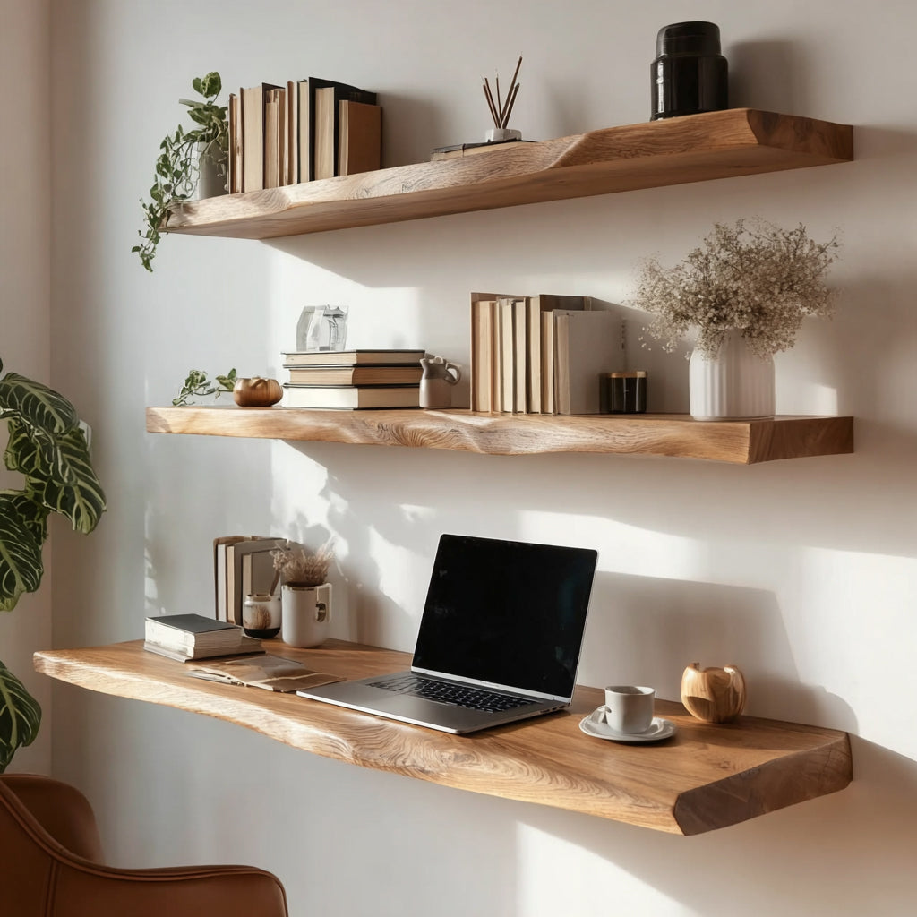Minimalist wooden floating shelves with books, plants, laptop, and coffee cup in cozy home office