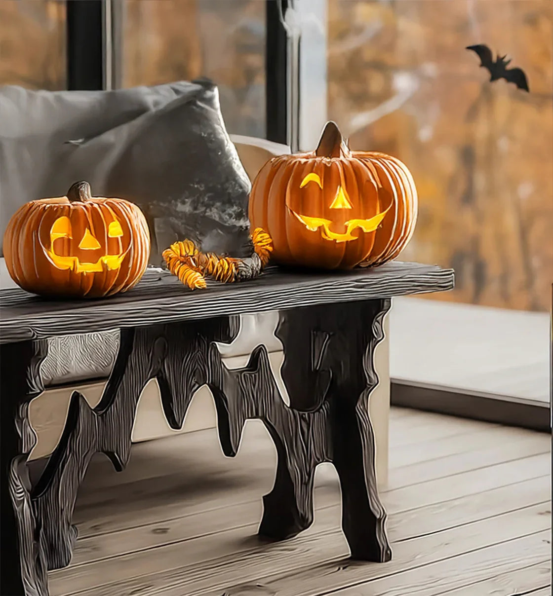Halloween live edge wood bench with carved pumpkin lanterns and bat decor indoors