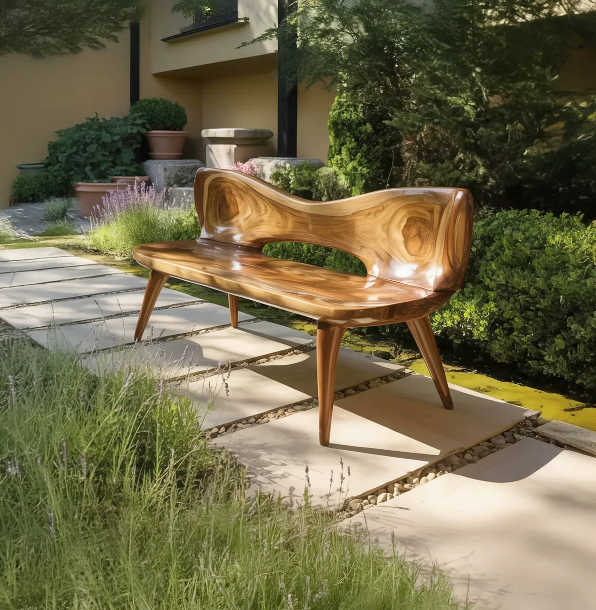 Solid wood live edge bench with curved backrest on garden patio, surrounded by greenery
