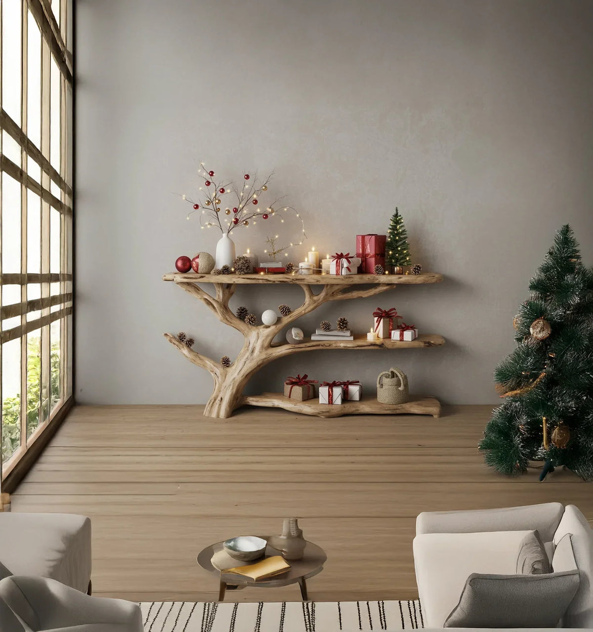 Solid wood tree bookshelf with Christmas decor, gifts, and candles in modern living room
