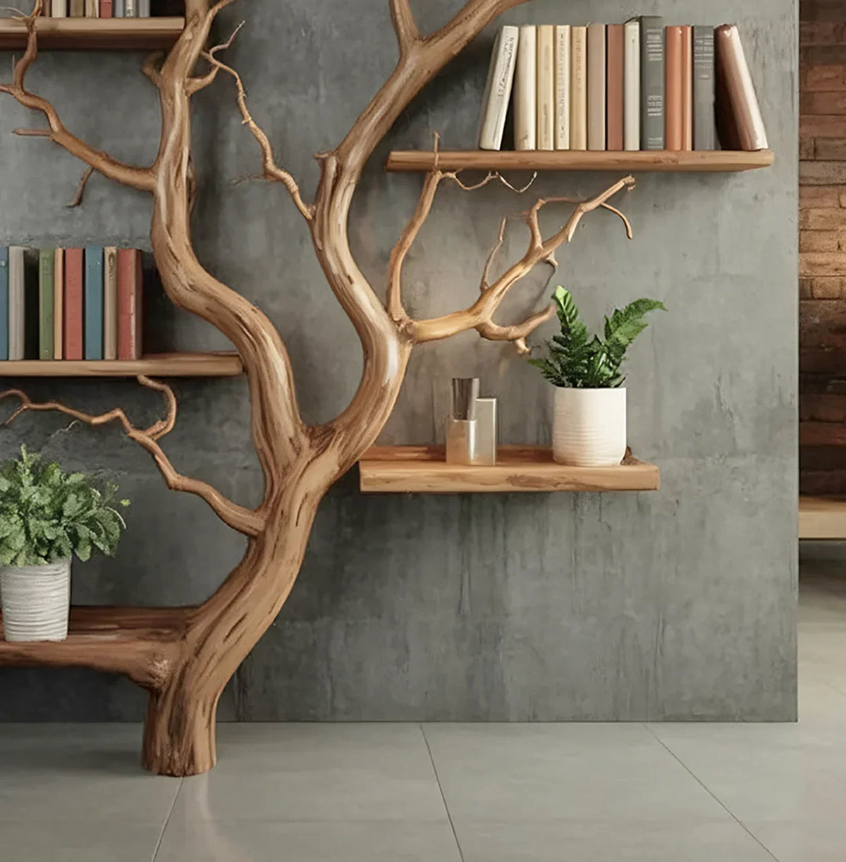 Modern indoor wooden tree bookshelf with books and potted plants on concrete wall