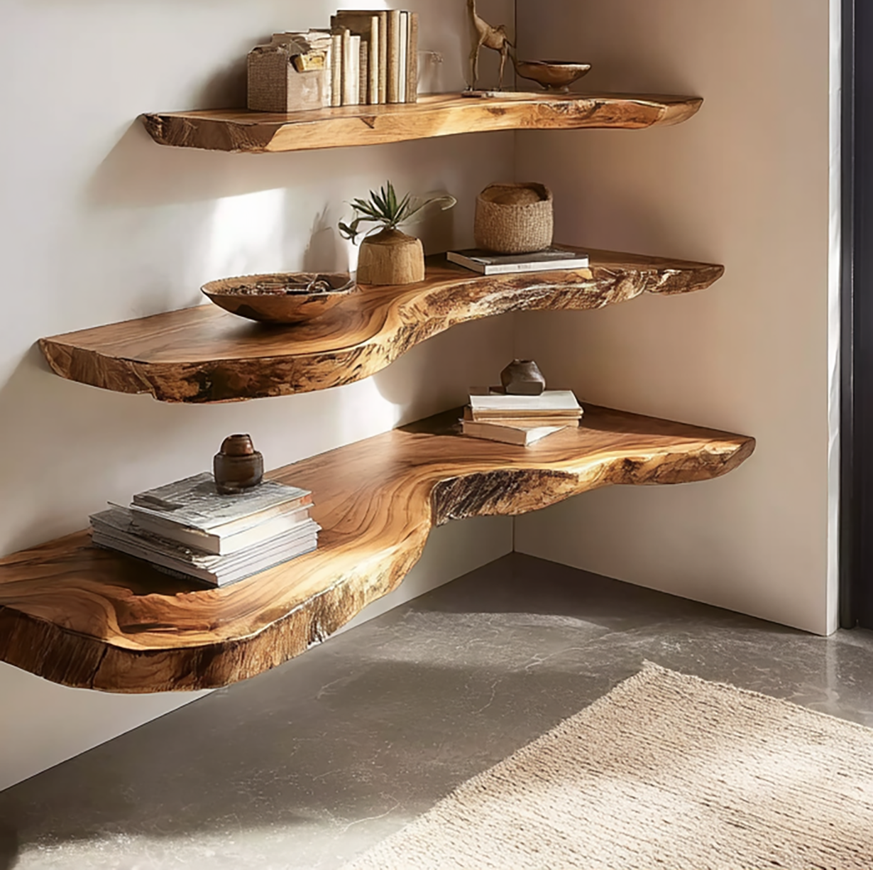 Rustic live edge wood corner shelves with books, pottery, and decorative items in minimalist room