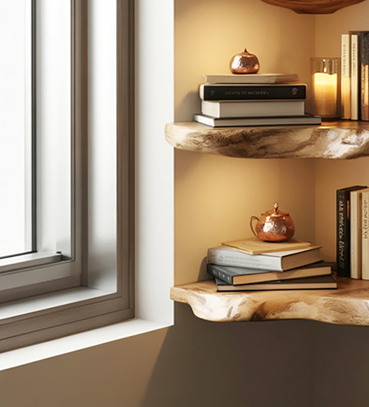Wooden corner shelves with stacked books, small copper teapot, and lit candle near window