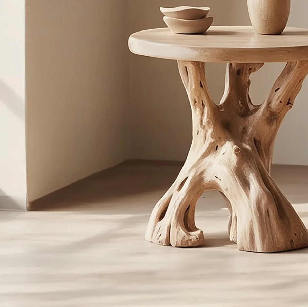 Solid wood live edge round table with sculpted natural tree base in sunlit room