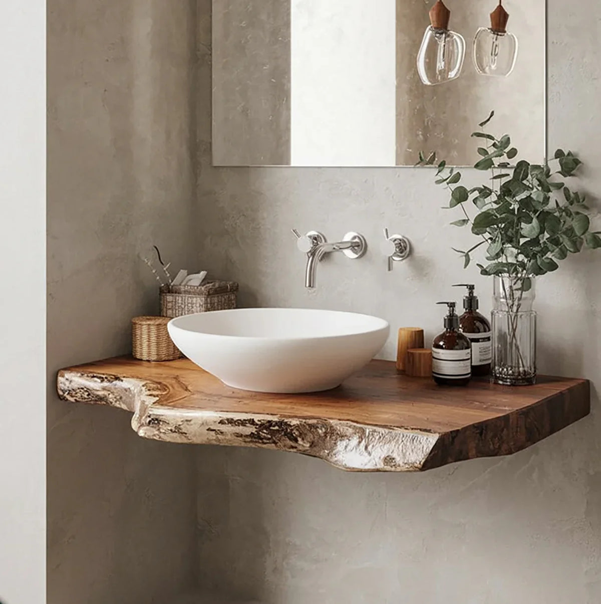 Live edge solid wood floating bathroom vanity with vessel sink and modern wall faucet