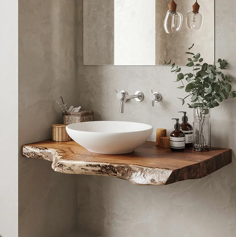 Live edge solid wood floating bathroom vanity with vessel sink and modern wall faucet