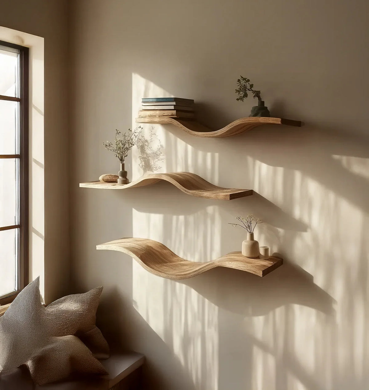 Curved solid wood floating shelves on beige wall with books and minimalist decor