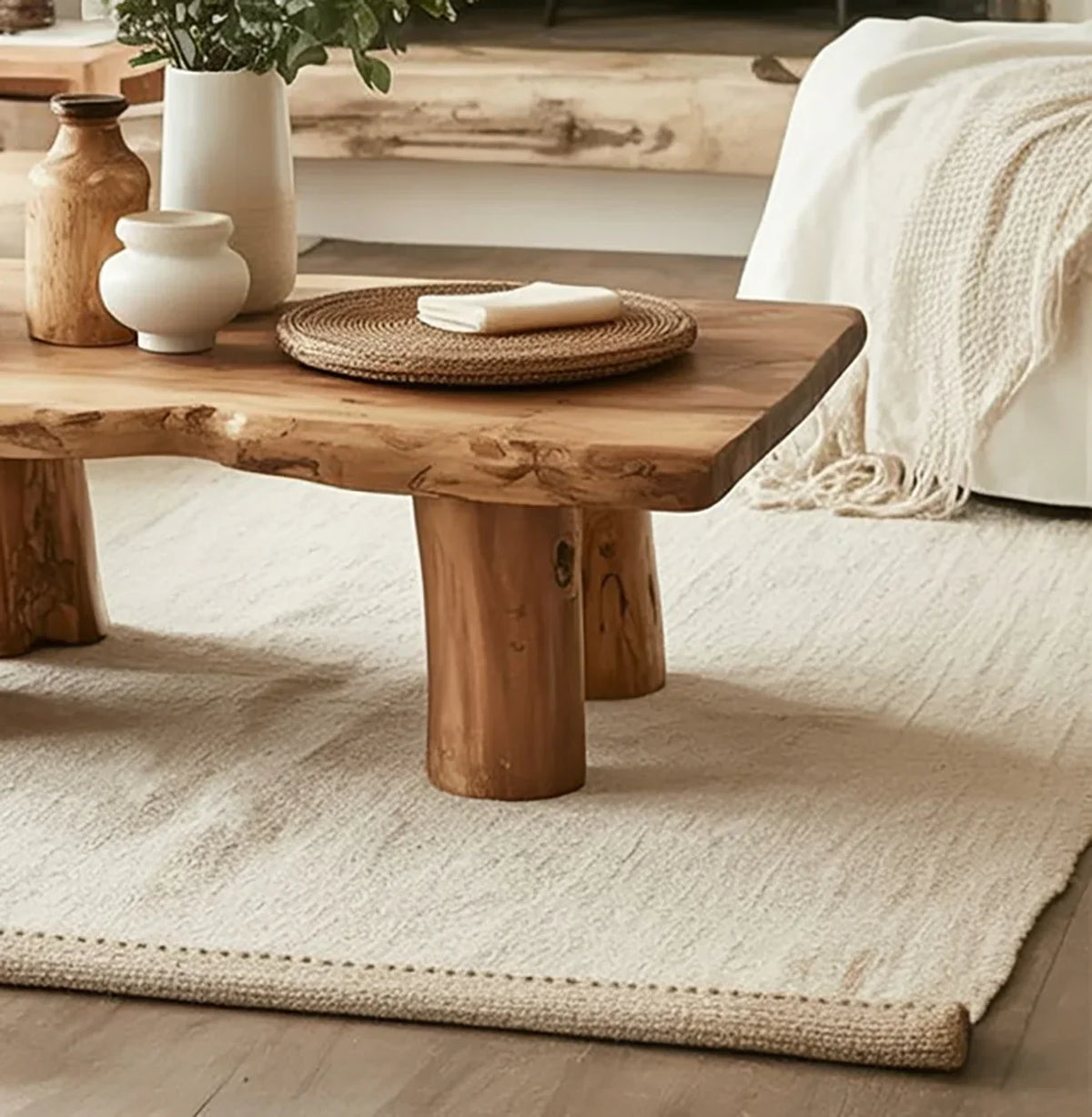 Live edge solid wood coffee table in a cozy living room with ceramic vases and neutral decor.