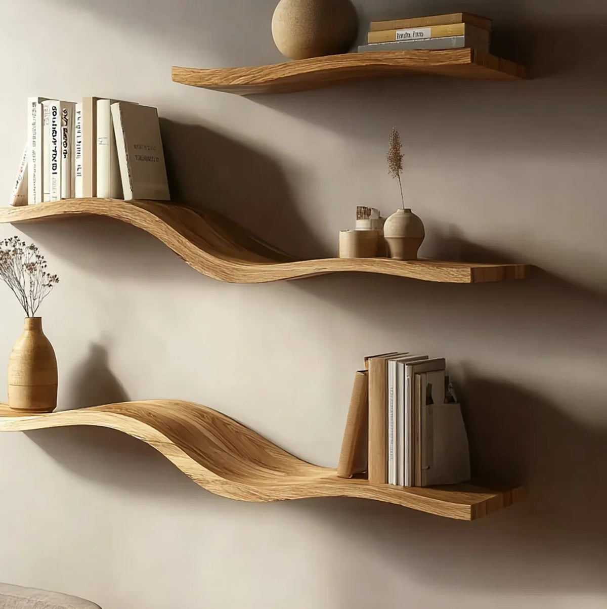 Curved wooden wall shelves with books and ceramic vases in minimalist interior