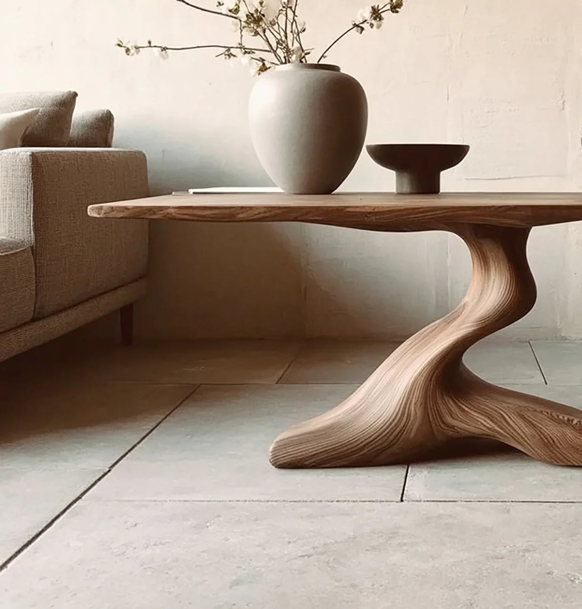 Sculptural live edge solid wood coffee table with organic base in modern living room