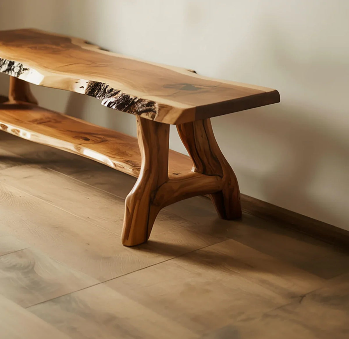 Live edge solid wood bench with natural finish and shelf, on wooden floor