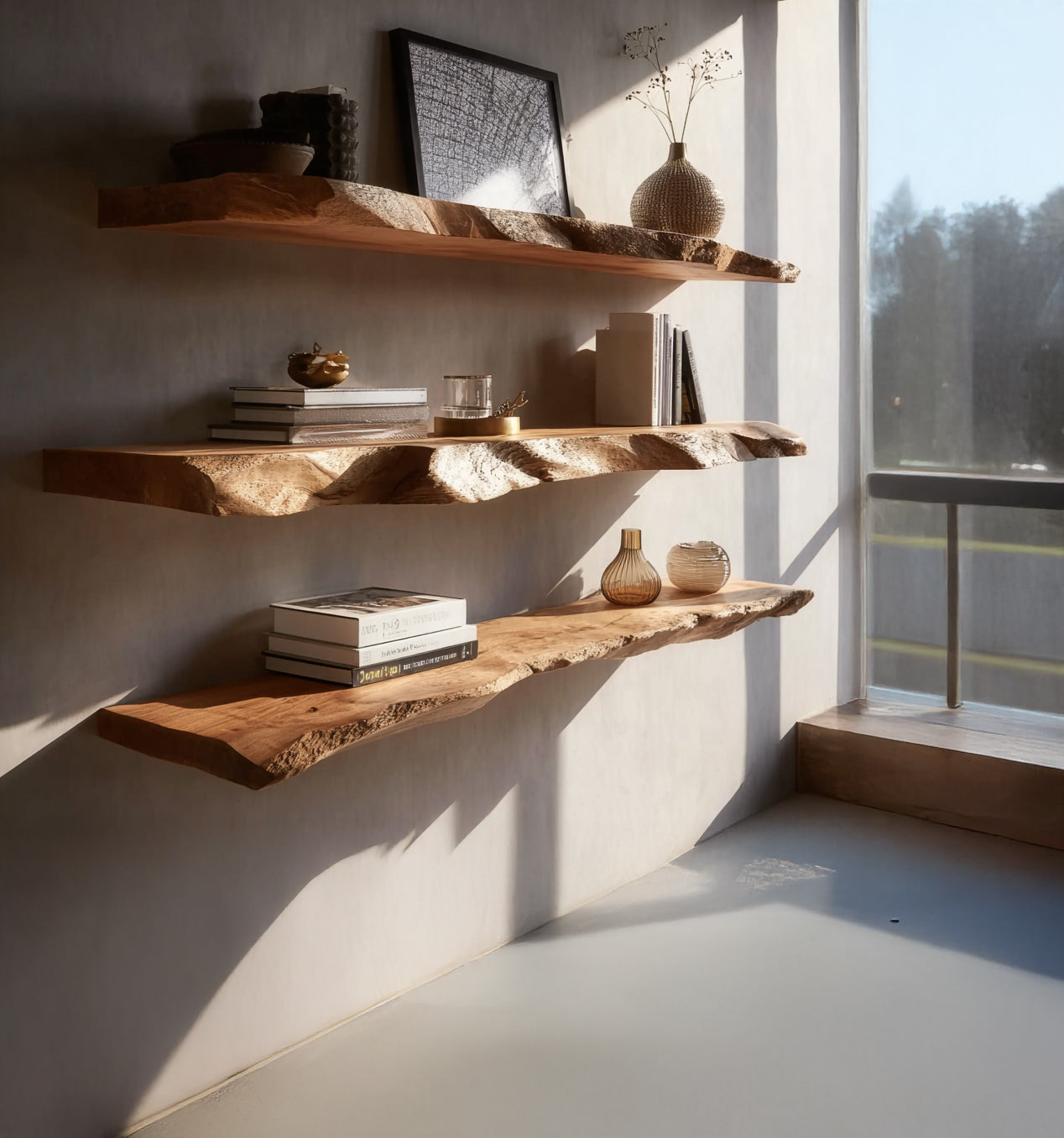 Three rustic wooden floating shelves with books, decorative vases, and art in sunlit minimalist room