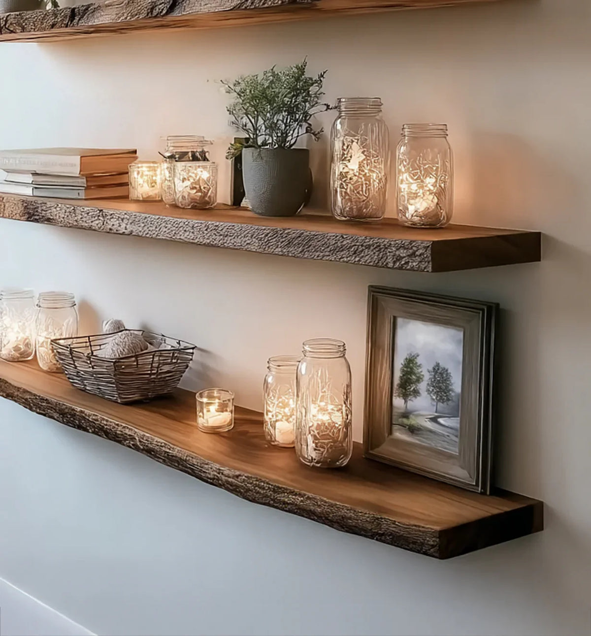 Rustic wooden floating shelves with lit mason jar fairy lights, potted plant, books, decor basket, and framed tree painting