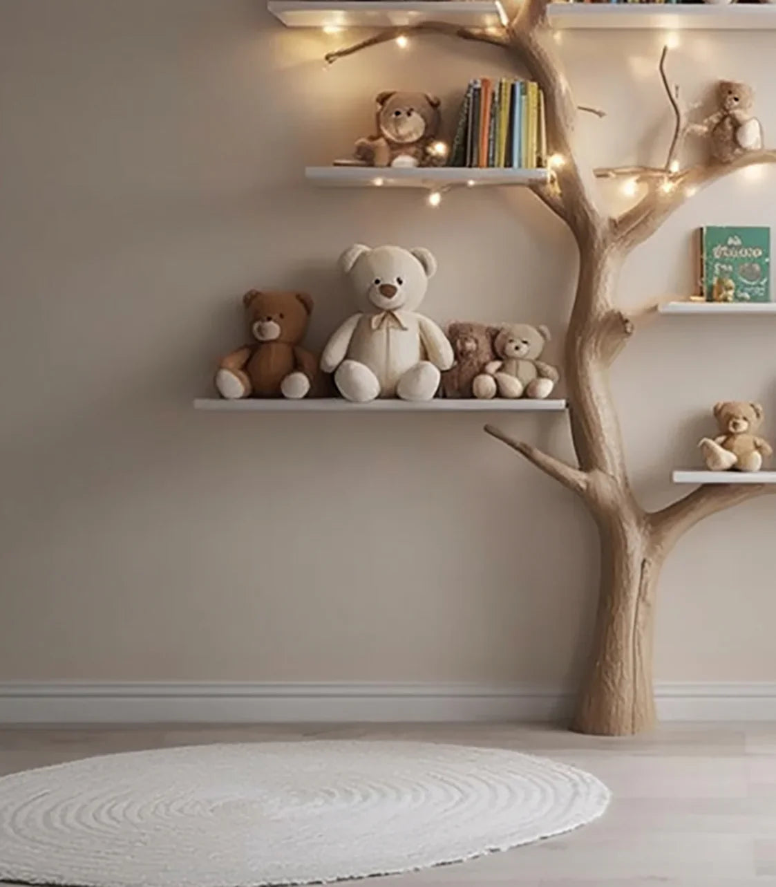 Tree-shaped bookshelf with floating shelves, teddy bears, and books in cozy kids' room