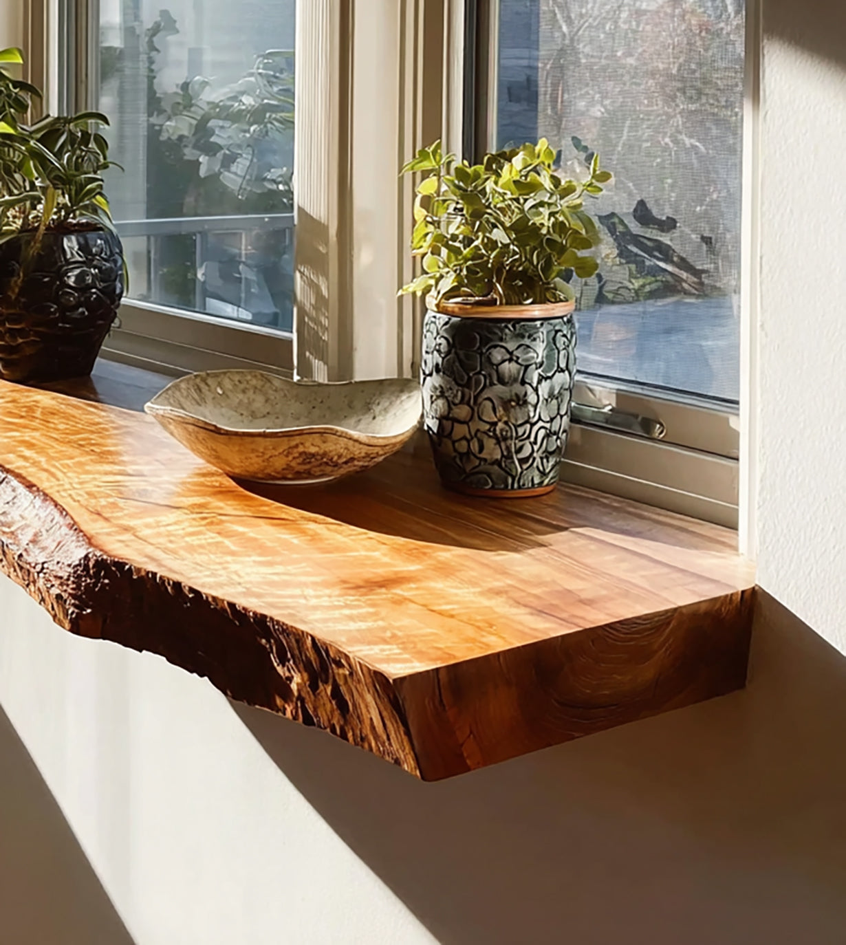 Live edge wood shelf with potted green plants and ceramic bowl in bright window sunlight
