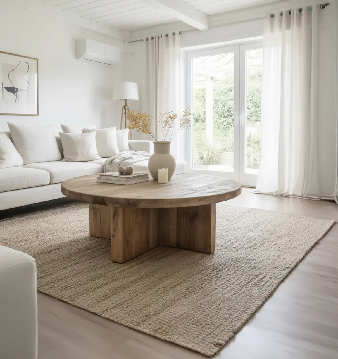 Minimalist living room with white sofa, round wooden coffee table, beige rug, and large glass doors