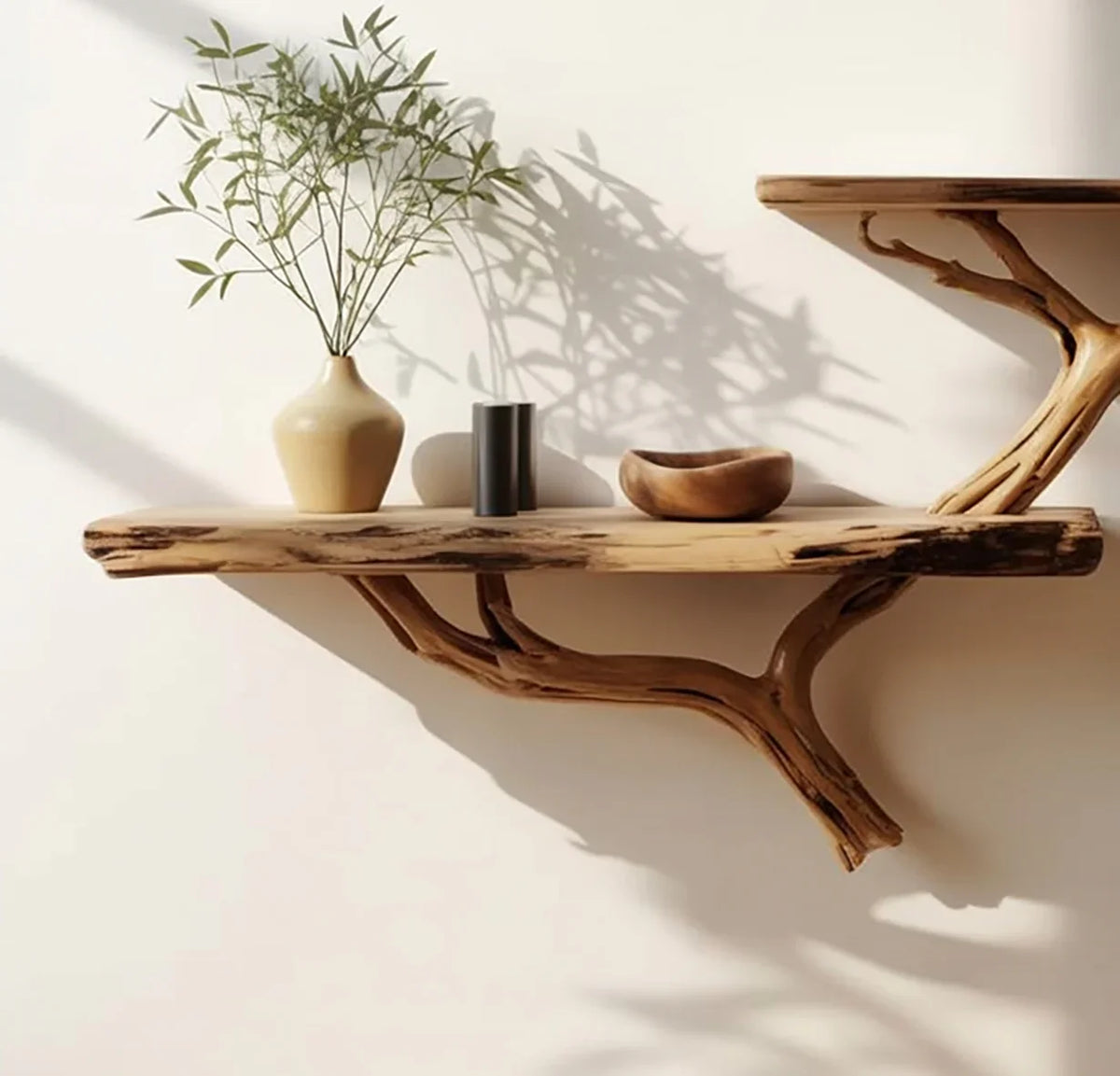 Sustainably crafted live edge floating wood shelf with natural branch support, minimalist decor.