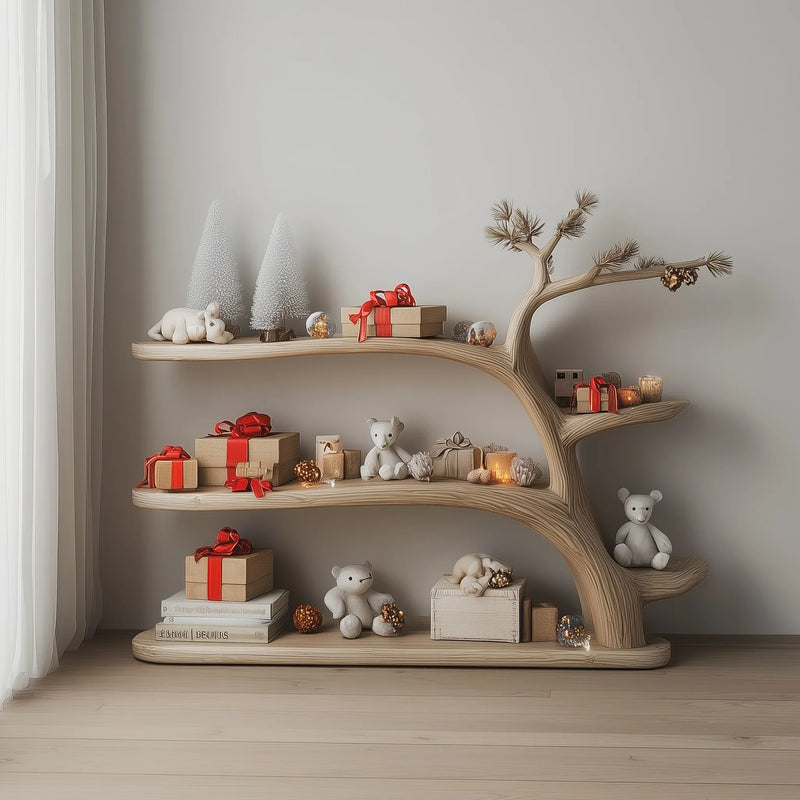 wooden tree-shaped shelf with teddy bears, gift boxes with red ribbons, candles, and decorative pinecones