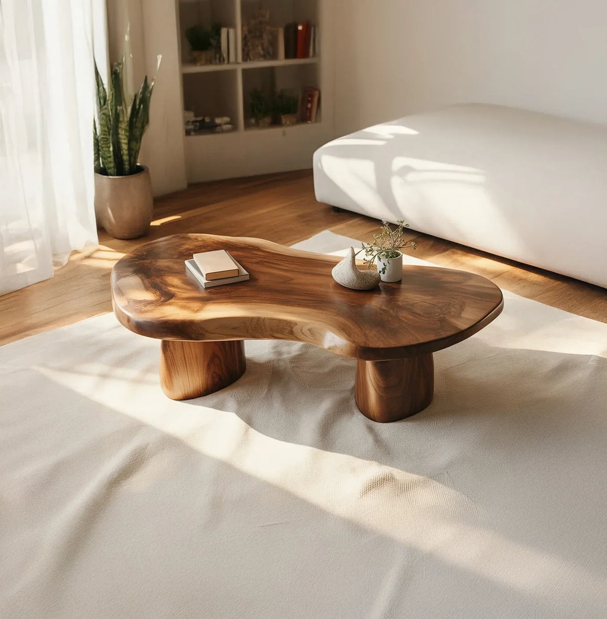 Live edge solid wood coffee table in a modern living room with natural light and minimalist decor