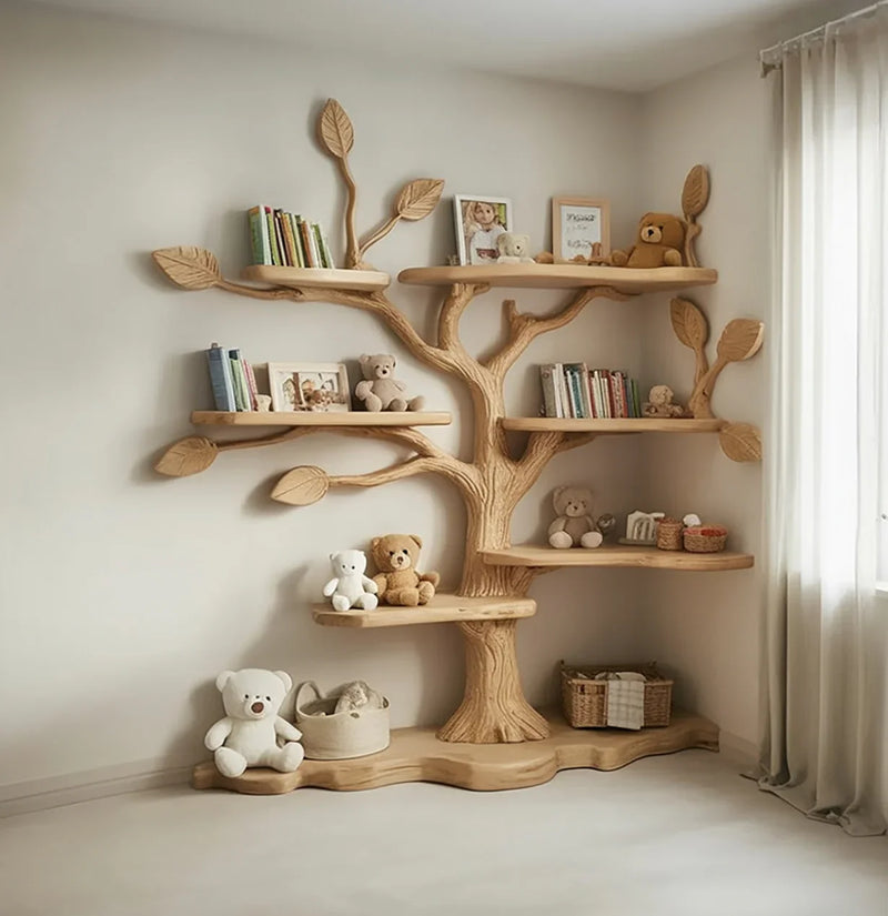 Wooden tree-shaped bookshelf in corner with teddy bears, books, and framed photos in cozy room