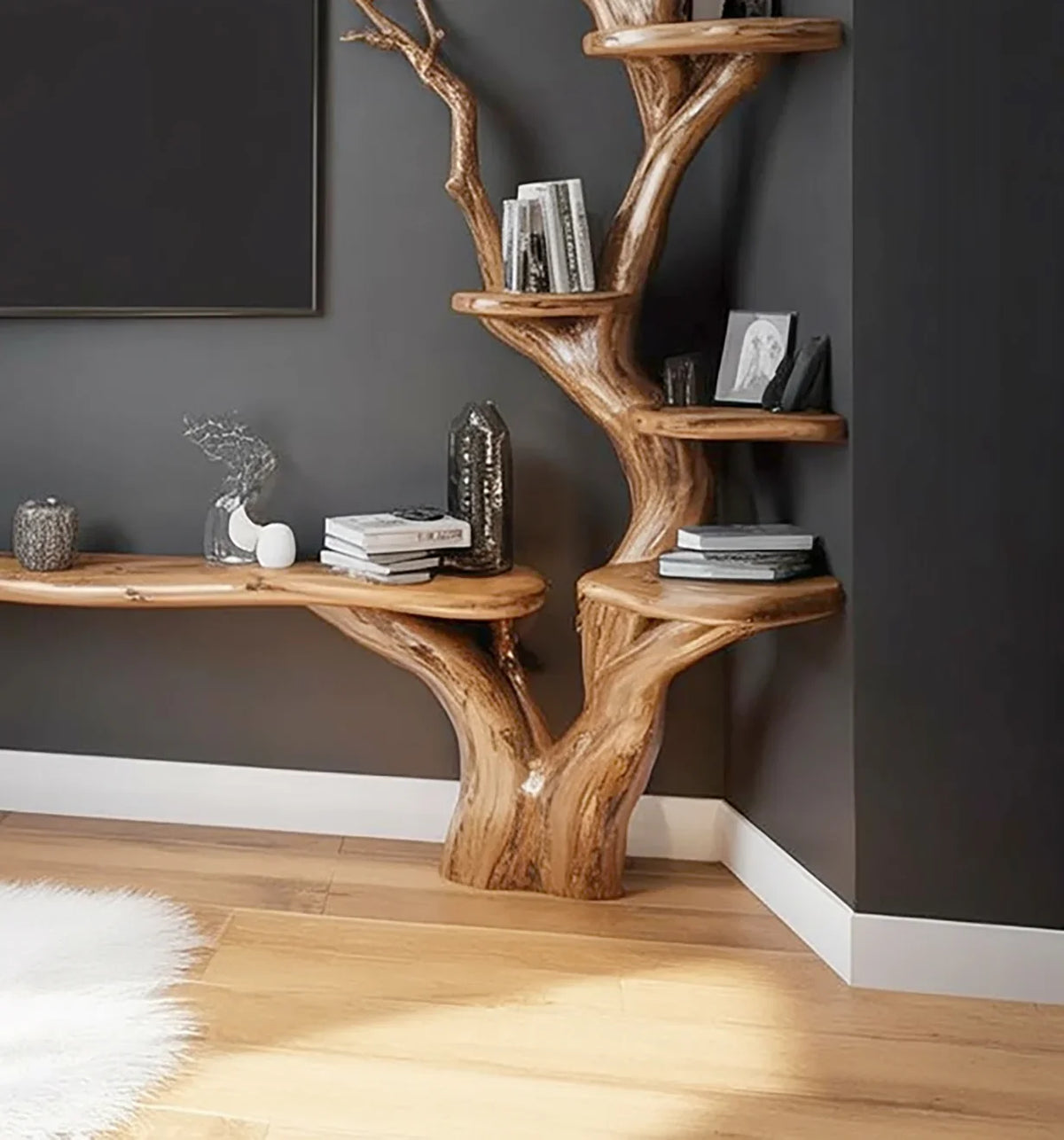 Live edge solid wood tree bookshelf with floating shelves in modern living room