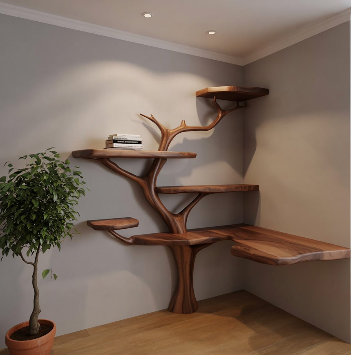 Modern corner wooden tree-shaped wall shelves with books and indoor potted plant in minimalist room