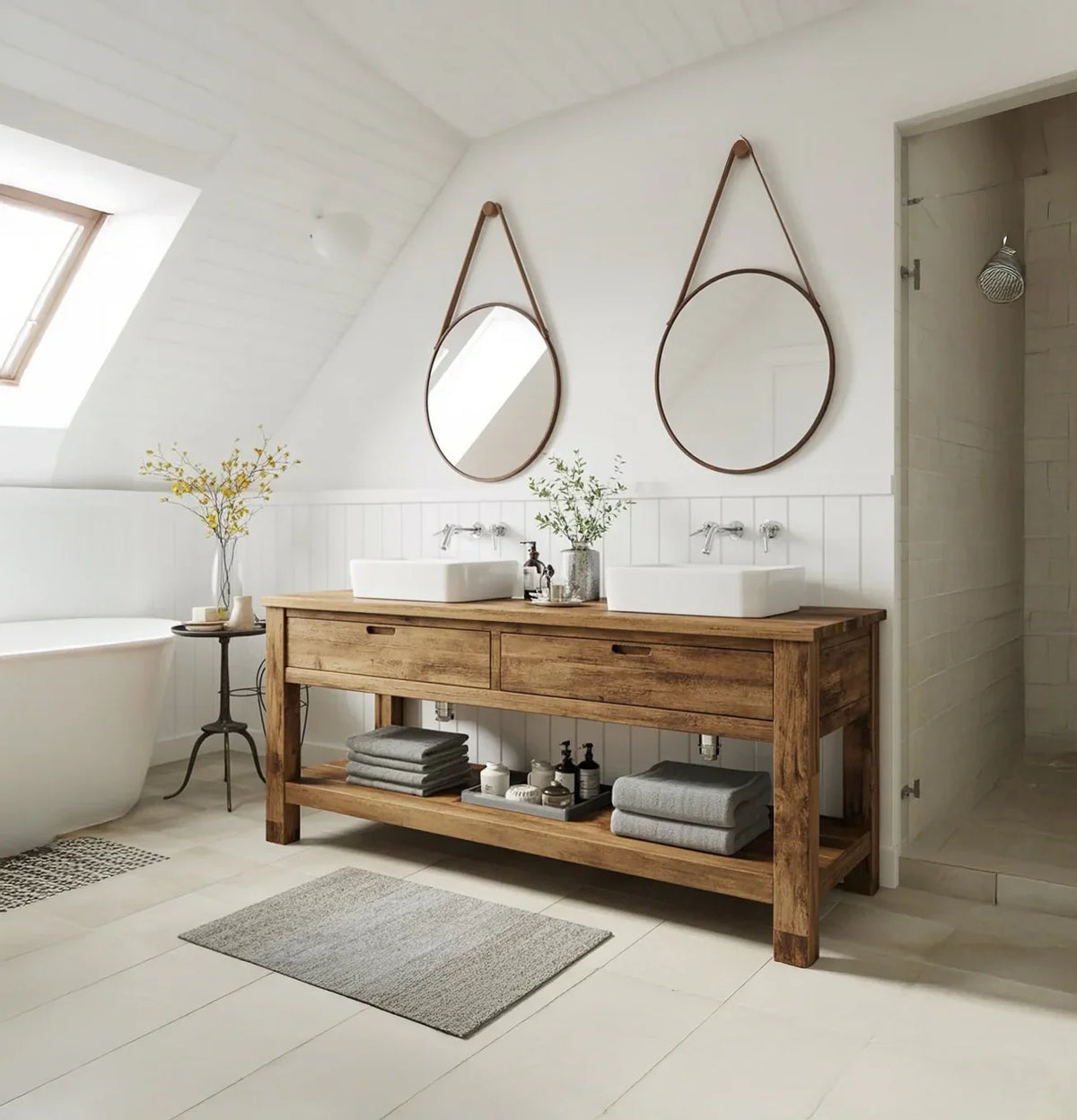 Modern rustic bathroom with wooden double vanity, round mirrors, white sinks, and walk-in shower