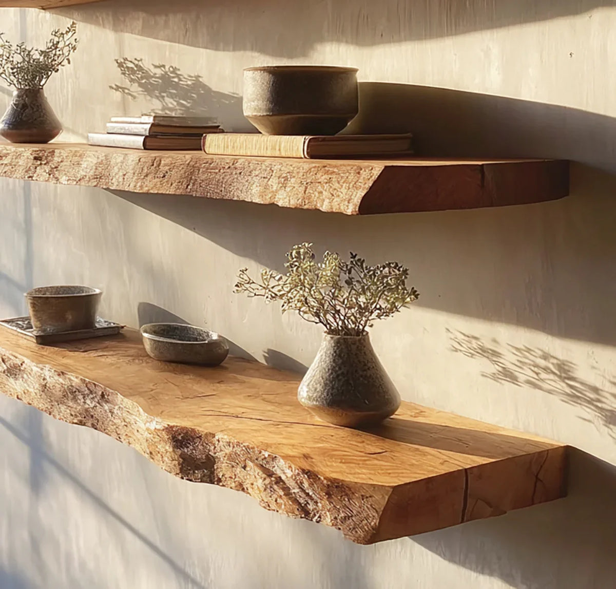 Live edge solid wood floating shelves with ceramic vases and books, rustic home decor