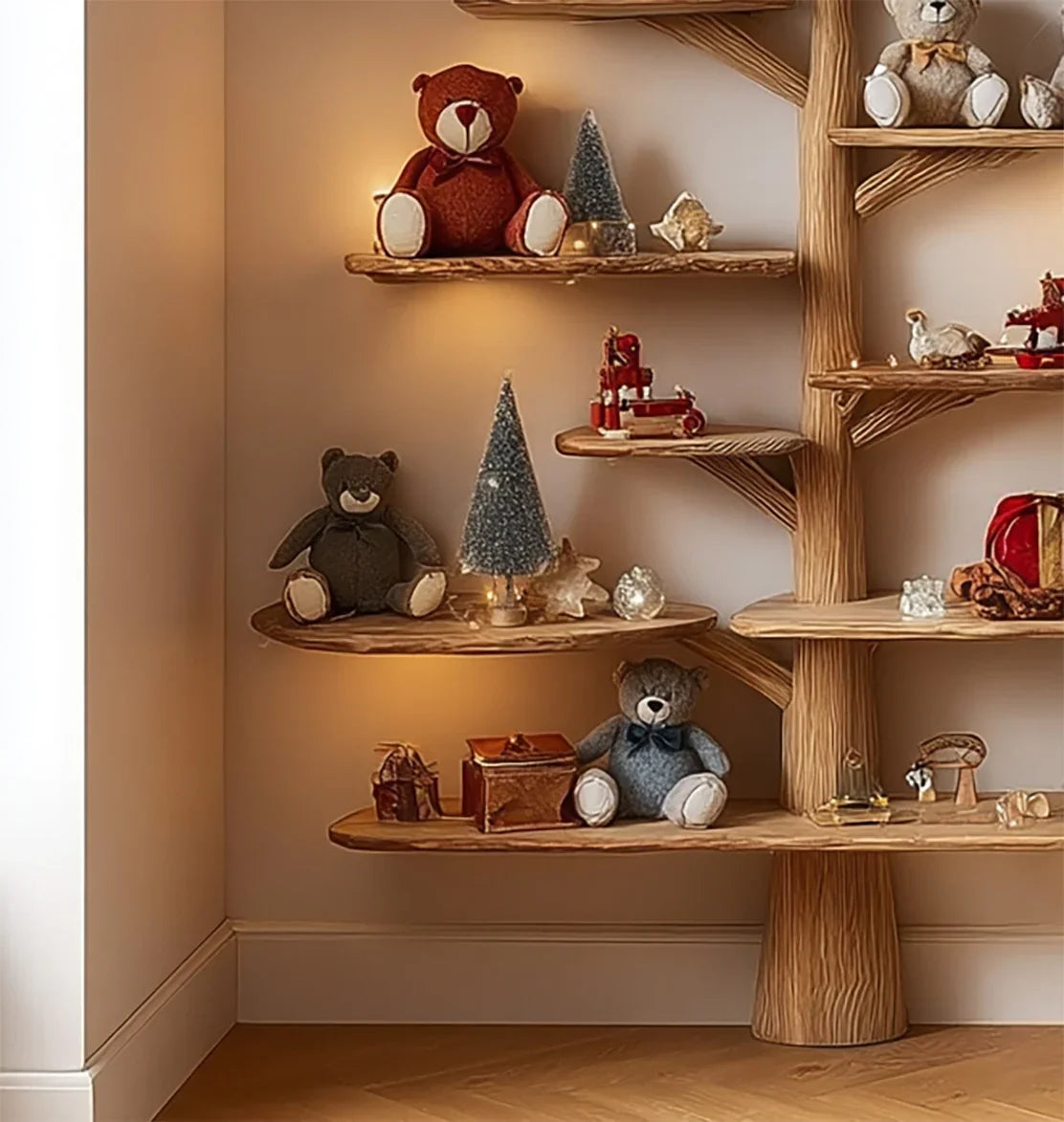 Tree bookshelf with solid wood shelves decorated with teddy bears, gifts, and holiday ornaments