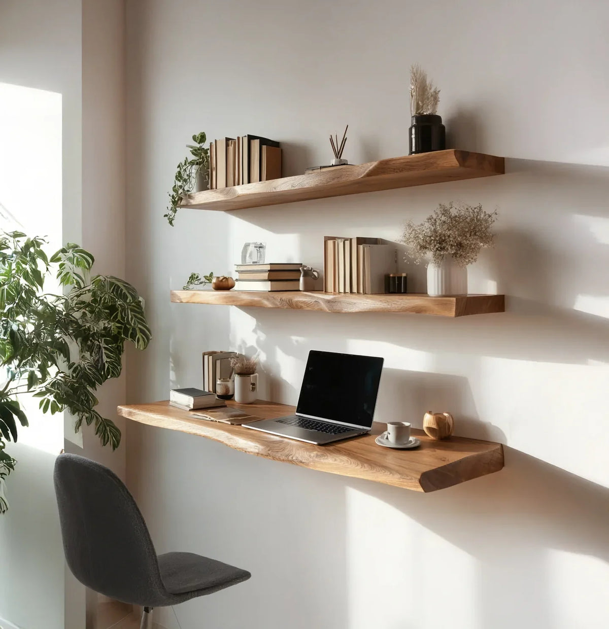Minimalist home office with floating wooden shelves, laptop, books, and plants in natural light