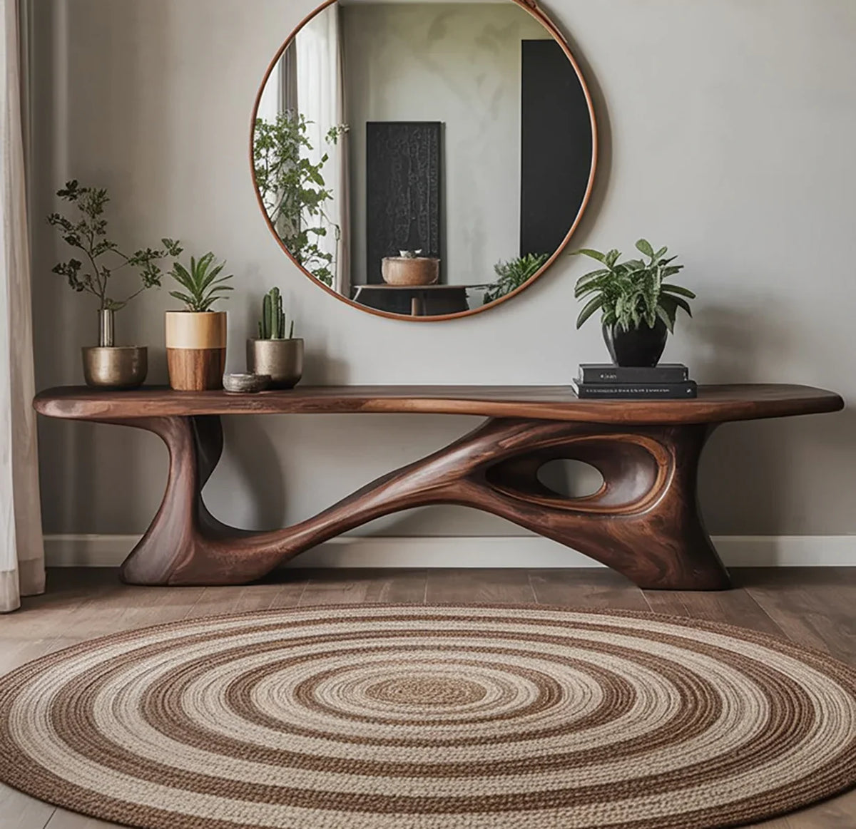 Sculptural solid wood bench in modern living room with round mirror, plants, and circular rug