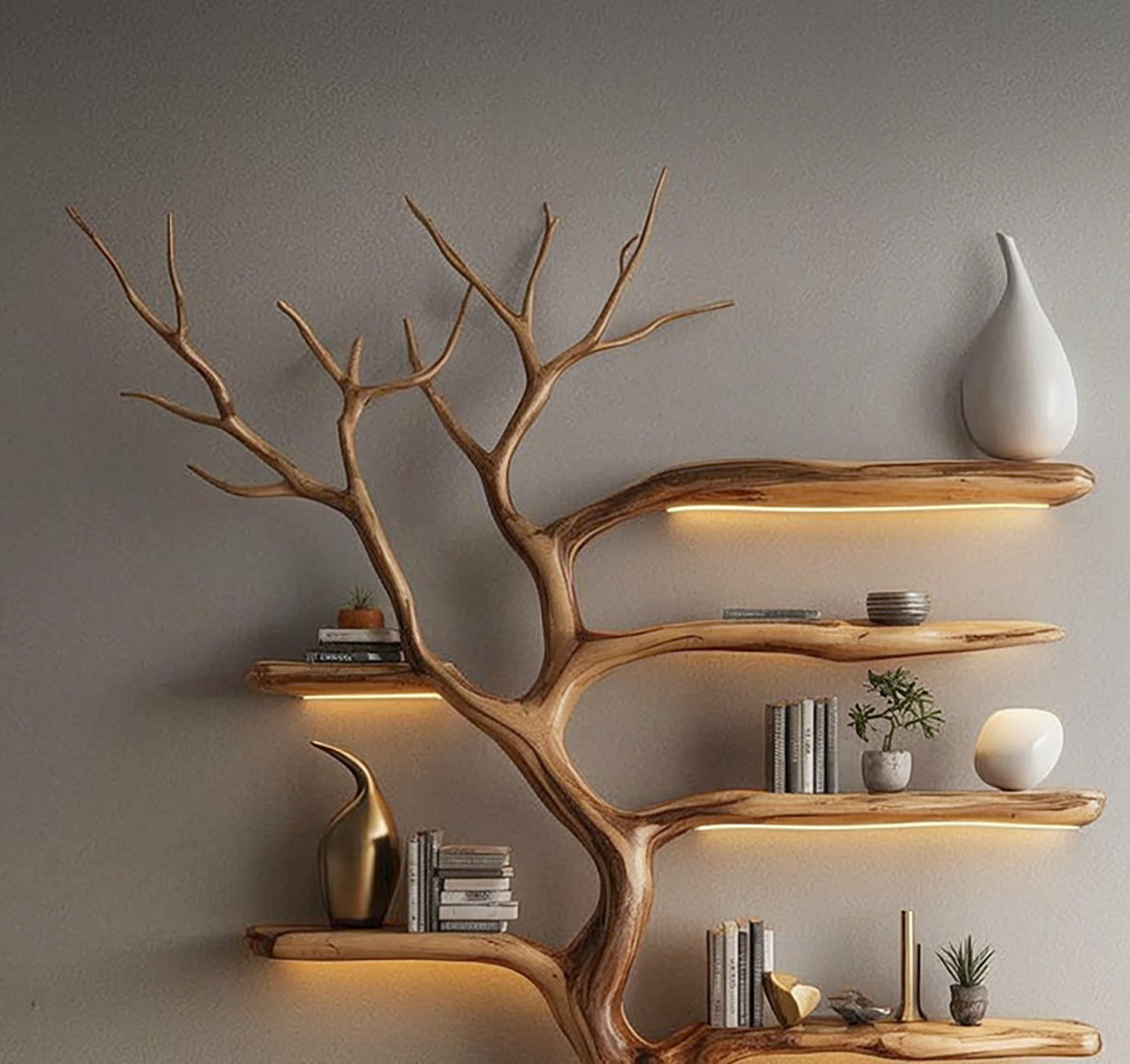 Live edge tree bookshelf with LED lighting, books, and modern decor on a gray wall