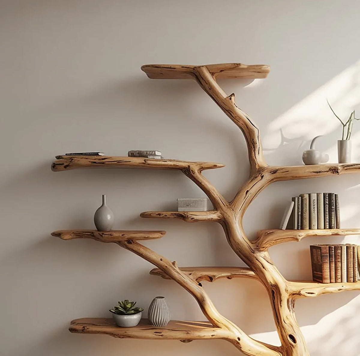 Tree-shaped solid wood bookshelf with natural branches holding books, plants, and decor.