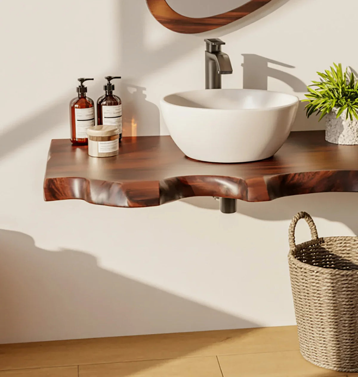 Live edge floating wood vanity with vessel sink, soap dispensers, and plant decor
