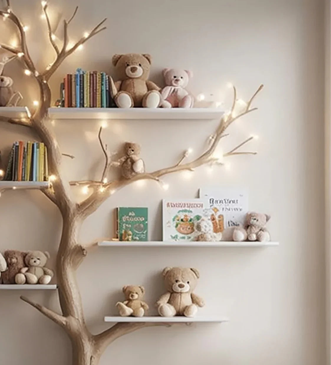 Tree branch bookshelf with fairy lights, teddy bears, and children's books on white wall shelves.