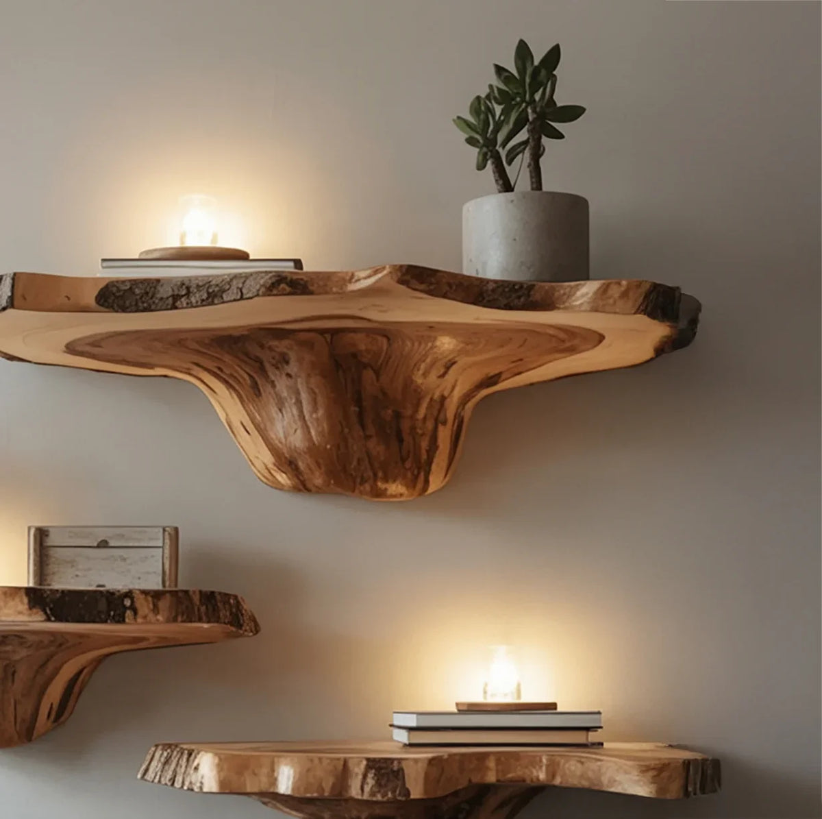 Three natural wood wall shelves with live edges displaying a potted plant, books, and candles in a modern interior